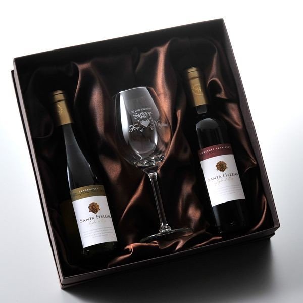 名入れ ギフト SXX 酒セット 銘柄おまかせワイン 375ml 赤ワイン 白ワイン 2点 & おまかせワイングラス 布張りBOX入り