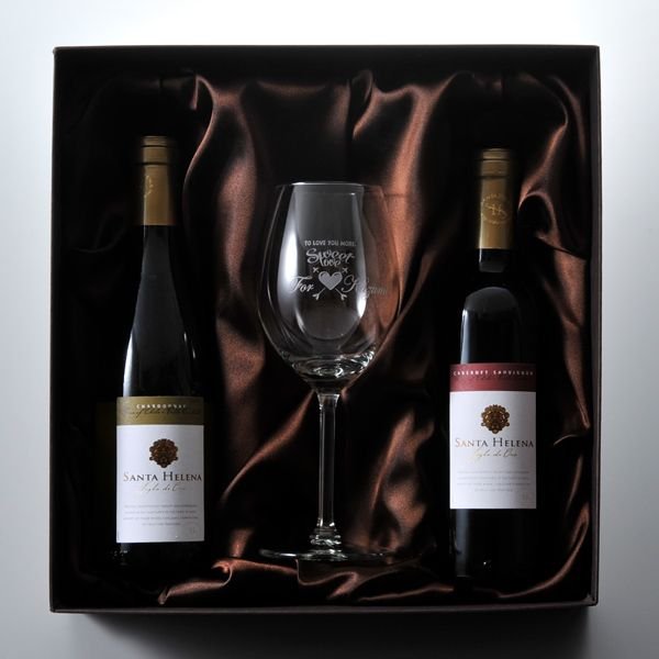 名入れ ギフト SXX 酒セット 銘柄おまかせワイン 375ml 赤ワイン 白ワイン 2点 & おまかせワイングラス 布張りBOX入り