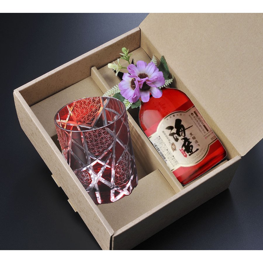 名入れ　赤　縁起が良い　江戸菱　モダン　切子硝子　海童 祝の赤 25度 300ml コサージュ付 ギフトBOX入り