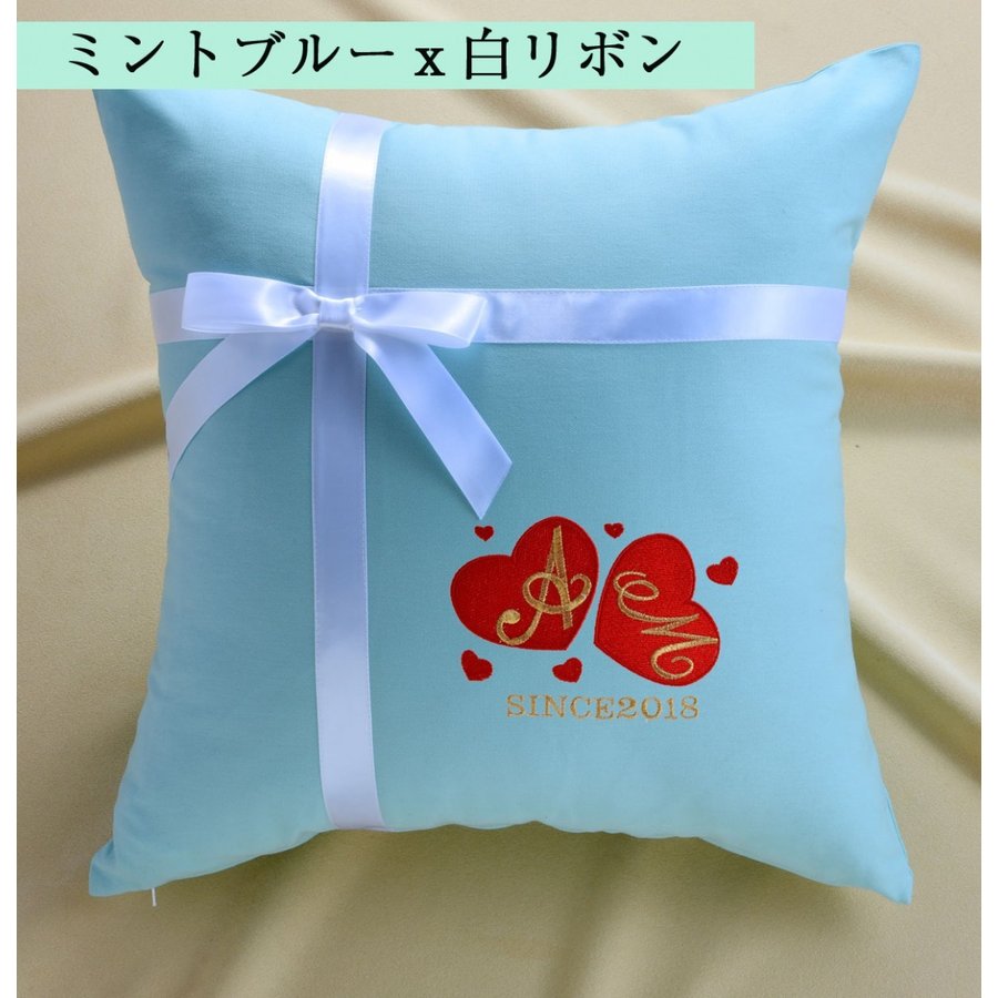 名入れ カラーデニム生地ふわふわリボンクッション