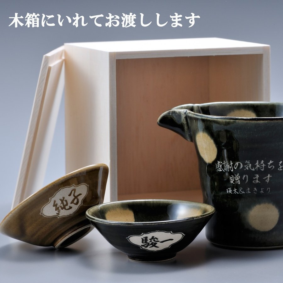 名入れ 波佐見焼 織部水玉 半酒器 平盃ペアセット