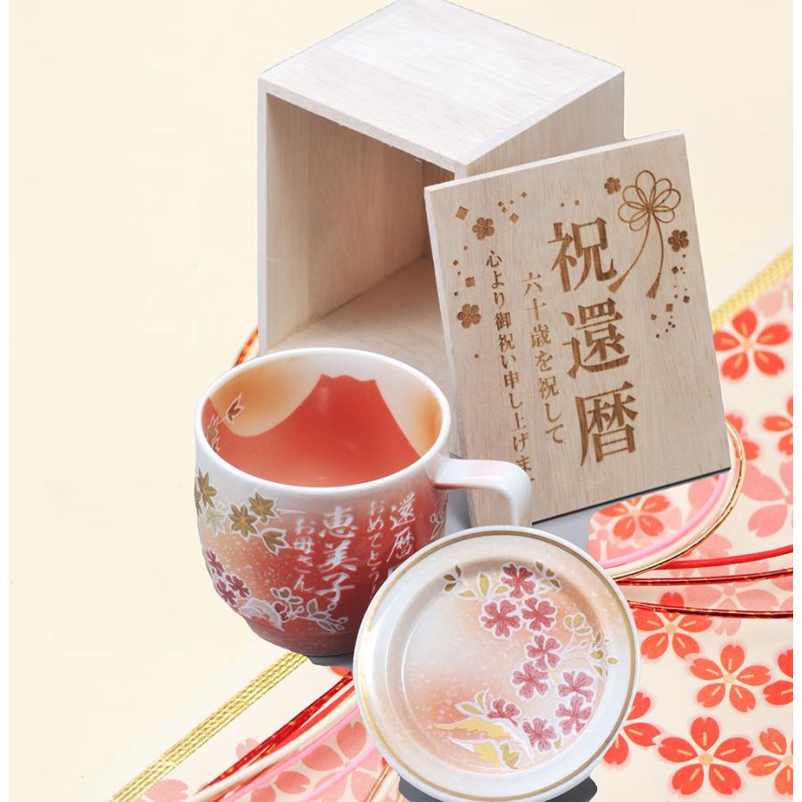 名入れ 有田焼 桜もみじ ふたつき マグカップ 赤 木箱入り