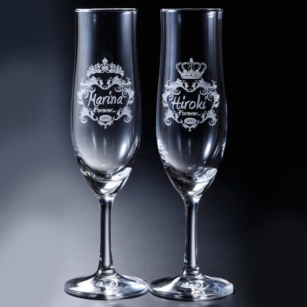 名入れ 王冠＆ティアラデザイン フルートシャンパングラス ペアセット