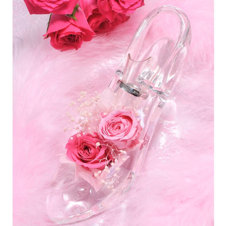 名入れ  クリスタル製 ガラスの靴＆プリザーブドフラワー