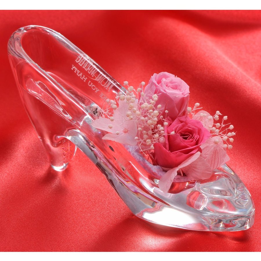 名入れ  クリスタル製 ガラスの靴＆プリザーブドフラワー