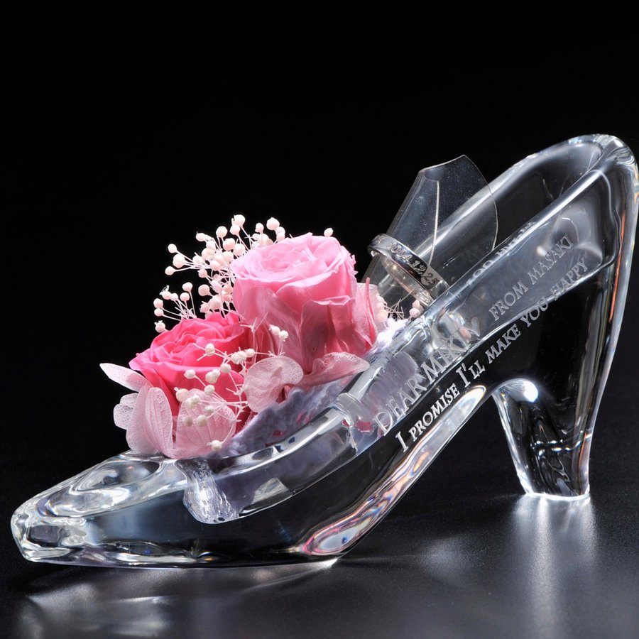 名入れ  クリスタル製 ガラスの靴＆プリザーブドフラワー