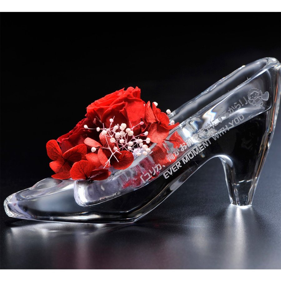 名入れ  クリスタル製 ガラスの靴＆プリザーブドフラワー