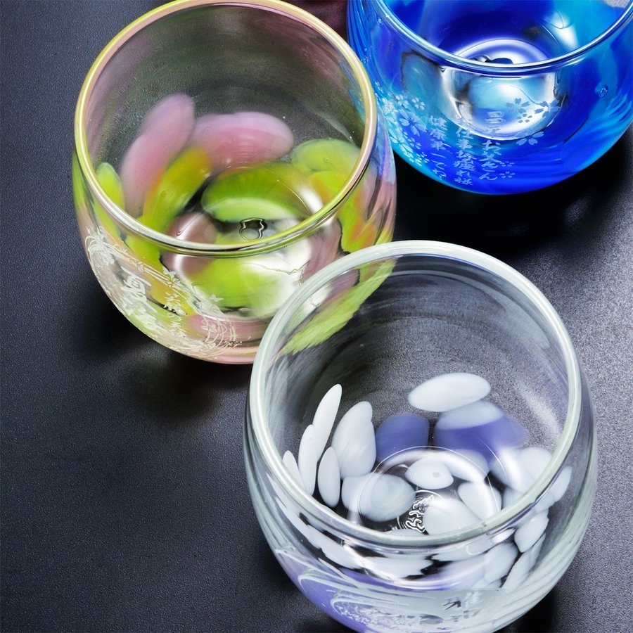 名入れ 琉球ガラス 花弁樽型グラス ペアセット