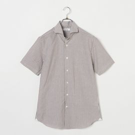 コットンリネンストライプ半袖ホリゾンタルカラ―シャツ(SlimFit)