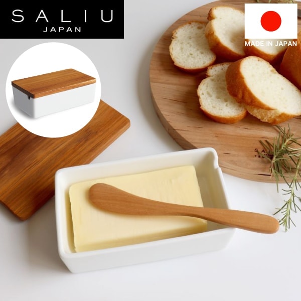 【SALIU　B STYLE KITCHEN】バターケース　200g　保存容器　バターボックス　木葢　日本製　シンプル　かわいい　木製　チーク材　陶器　白磁　LOLO 北欧 ナチュラル 蓋付き フタ付き 蓋つき フタつき ふた付き マーガリン ケース 箱 容器 角丸 四角 白 ホワイト （NXT）