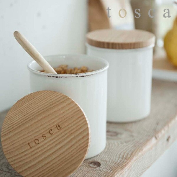 tosca《 陶器キャニスター トスカ  》調味料入れ 容器 保存容器 ストッカー 調味料 セラミック 陶器 瓶 ビン 木目 天然木 ウッド 砂糖 塩 コーヒー ソルト シュガー キッチン 台所 料理 北欧 ナチュラル 3426 3427 3428 ホワイト 白 YAMAZAKI タワー 山崎実業 （NXT）