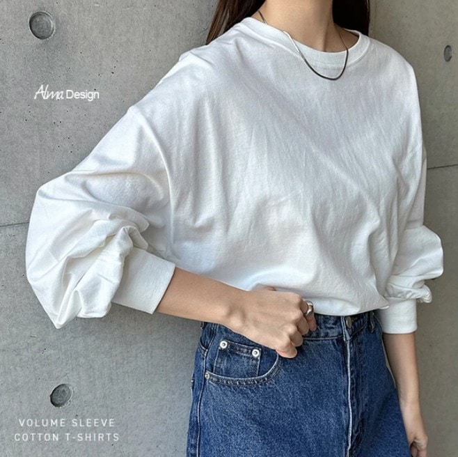 【A倉庫】 ボリューム袖コットン長袖Tシャツ | レディース 長袖Tシャツ ロンT カットソー トップス インナー ボーダーTシャツ オーバーサイズ 体型カバー 楽ちん ボリューム袖 無地 ボーダー 薄手 シンプル オフィス カジュアル M L 春 夏 秋 冬 6002067