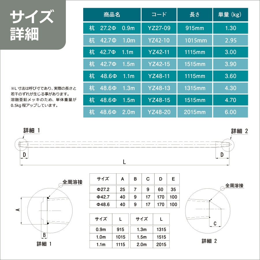 ＜アルマックス杭 YZ27-09＞<br>（27.2Φ×900mm）【土日出荷不可】※別サイズをお求めご希望の方はご連絡ください※