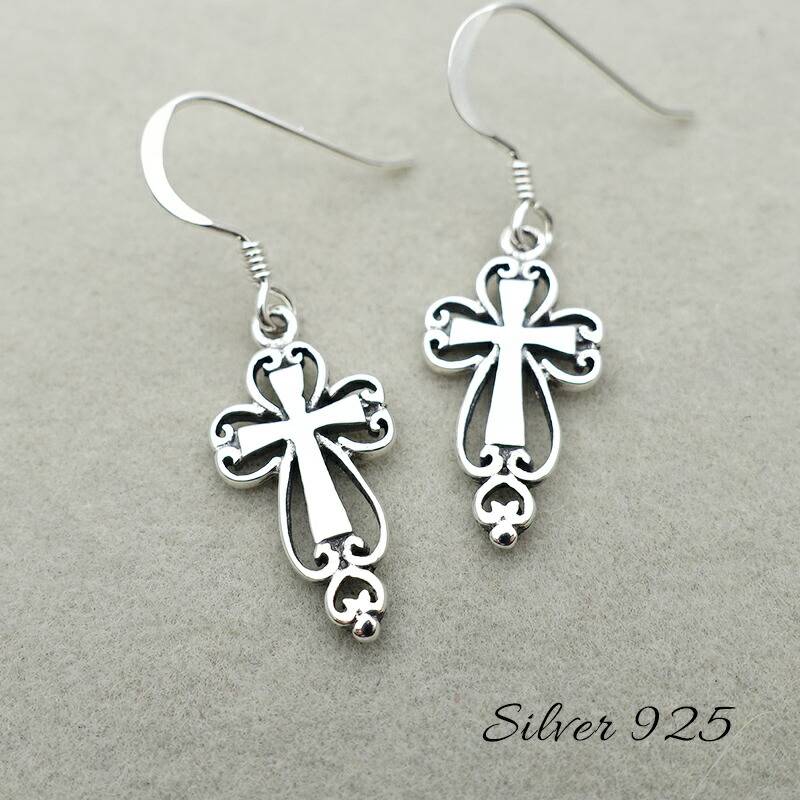 ピアス クロス 揺れる フック 金属アレルギー対応 シルバー925