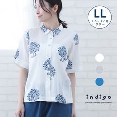 大きいサイズ ブラウス レディース 5分袖 夏 40代 50代 LL 前開き コットン Aライン 上品 インド綿 60代 70代 プリント ドビー織り 綿100% トップス ミセス ファッション 服 indigo インディゴ プレゼント ギフト