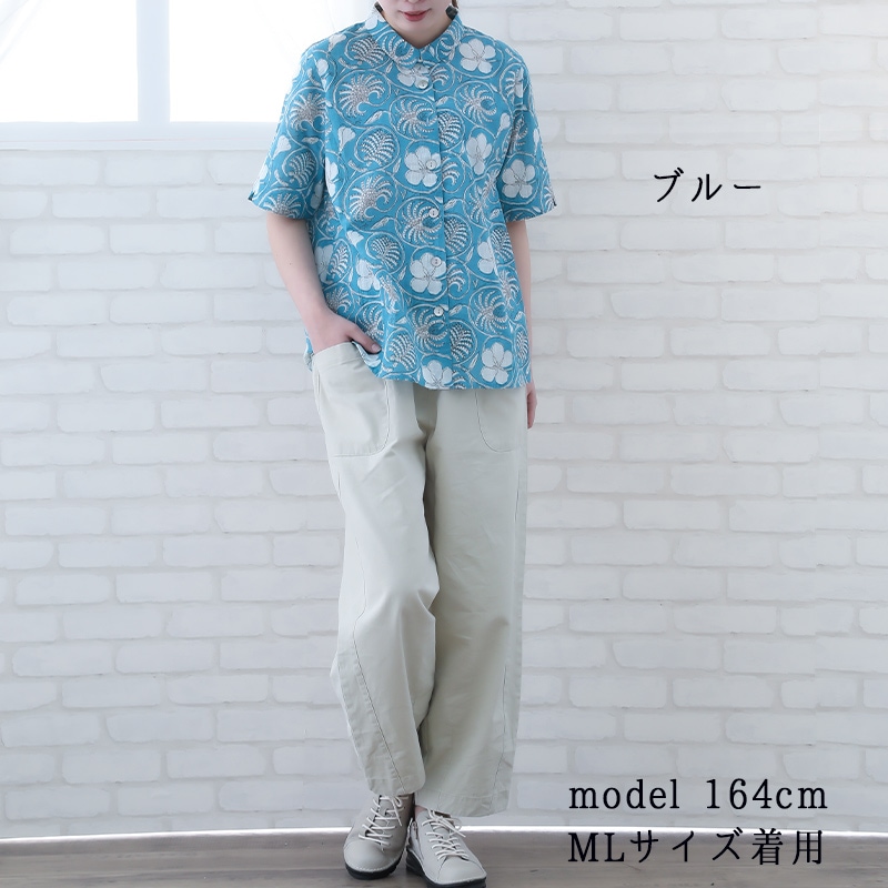 パラスパレス　インディゴ花柄の半袖シャツブラウス　サイズ２綿100％ 30%OFF】大きいサイズ ブラウス レディース 40代 50代 夏 5分袖 花柄