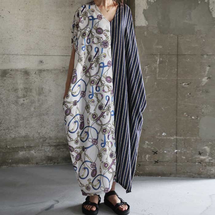 大胆に柄と柄、見事な落ち感美。切り替えワンピース・(50)メール便可