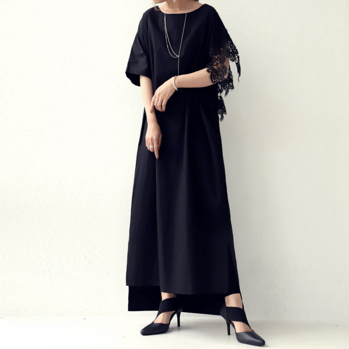 辛口モードにまとう、甘くないレースが美しい。レースアシメワンピ 送料無料・再販。メール便不可