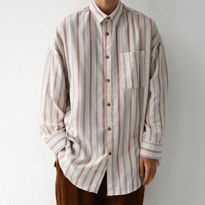 ヴィンテージライクな褪せ感でお洒落度アゲル。麻ストライプシャツ・再販。メール便不可