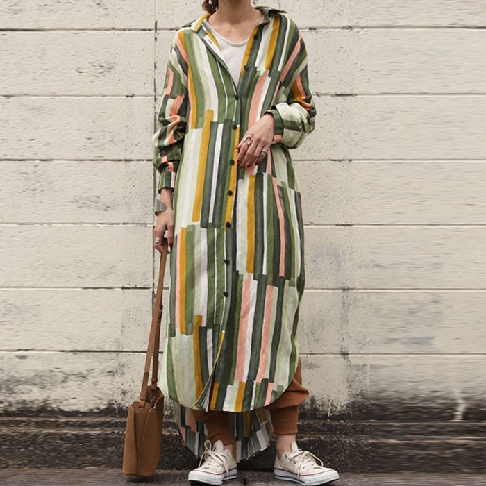 洗練されたくすみカラー。シックに彩る。配色シャツワンピース・再再販。(50)メール便可