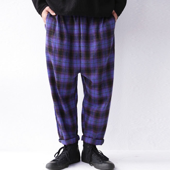 暖色チェックでクラシカル。起毛感のある風合いも印象的。サルエルパンツ・再再販。(100)メール便可