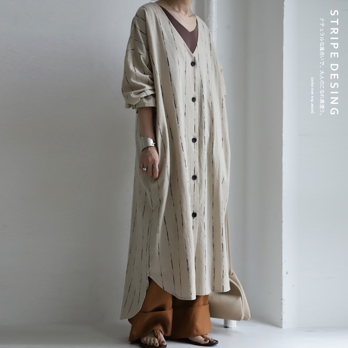 ナチュラルモード。上質風合いの融合。ストライプ綿麻ロングジャケット・再再販。メール便不可