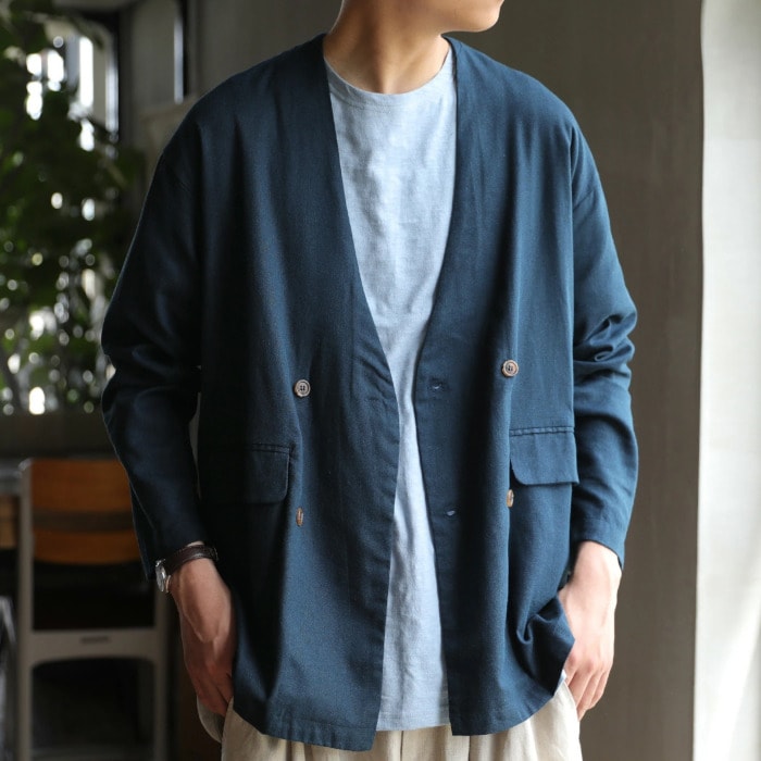 お洒落に仕上げる絶妙なイロアイがどこかレトロ。綿麻ダブルボタンジャケット 送料無料・再再販。メール便不可