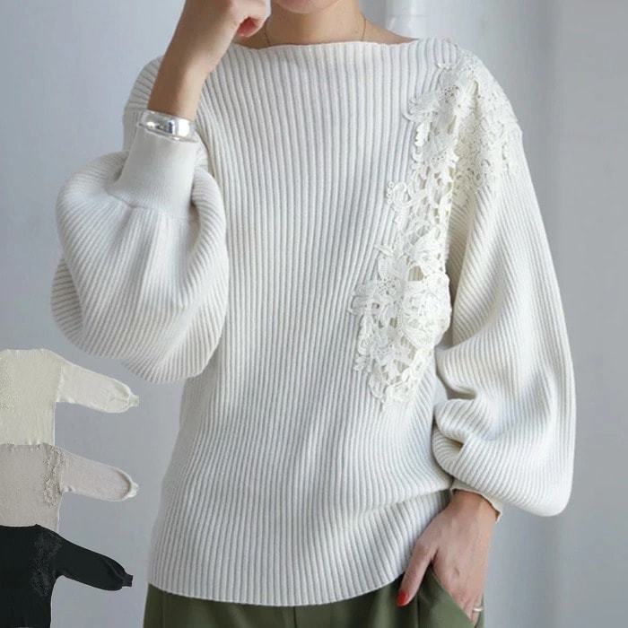 レースデザインニット 程よく隙のある抜け感と鎖骨をキレイに魅せる絶妙なライン。・再販。メール便不可