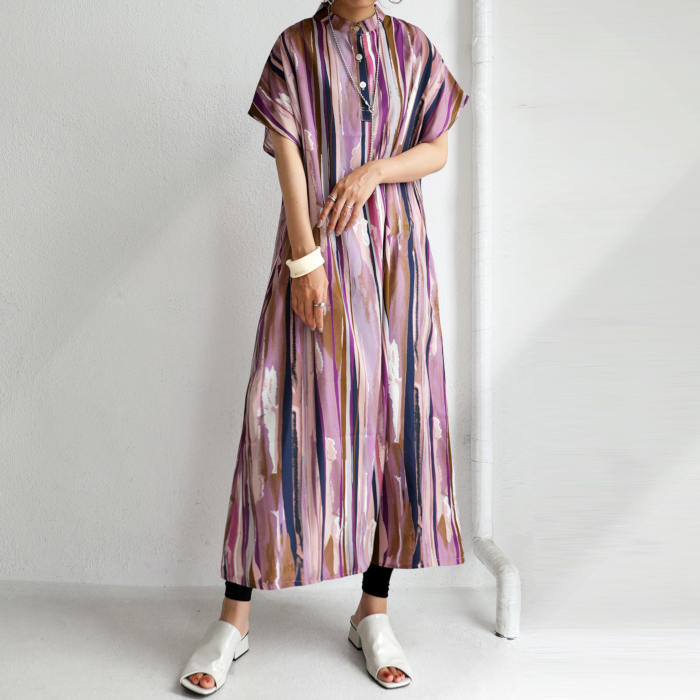 ストライプ柄ワンピース ワンピース 半袖 ロング 送料無料・(100)メール便可