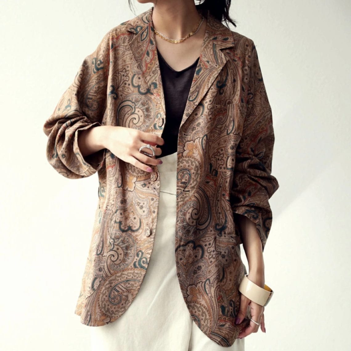 リネンジャケット レディース ペイズリー柄 長袖 送料無料・メール便不可