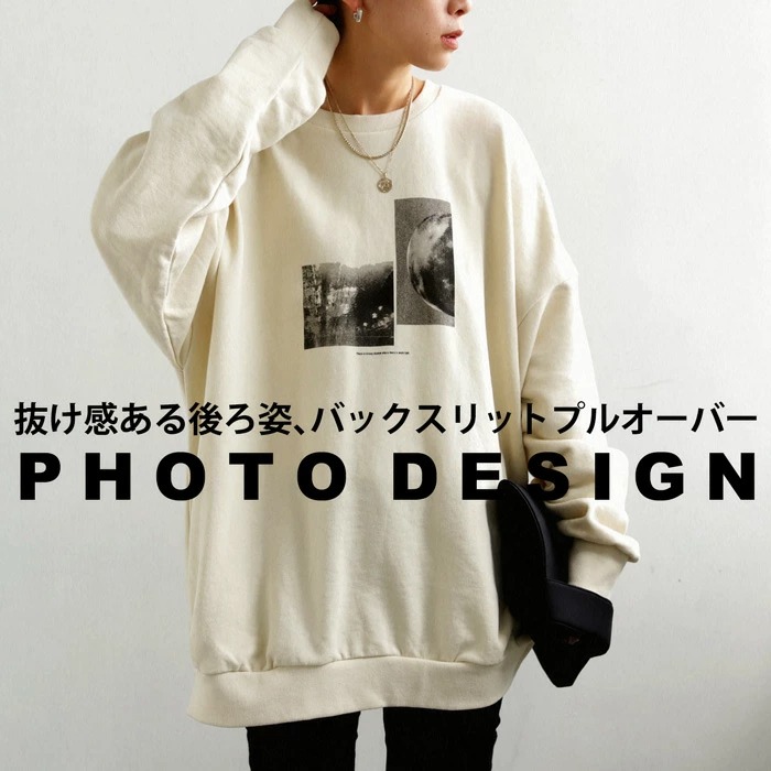 フォトデザイン バックスリットプルオーバー トレーナー レディース・再販。メール便不可