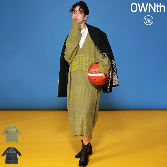 千鳥格子 切替 ニットワンピ レディース Vネック 送料無料・メール便不可