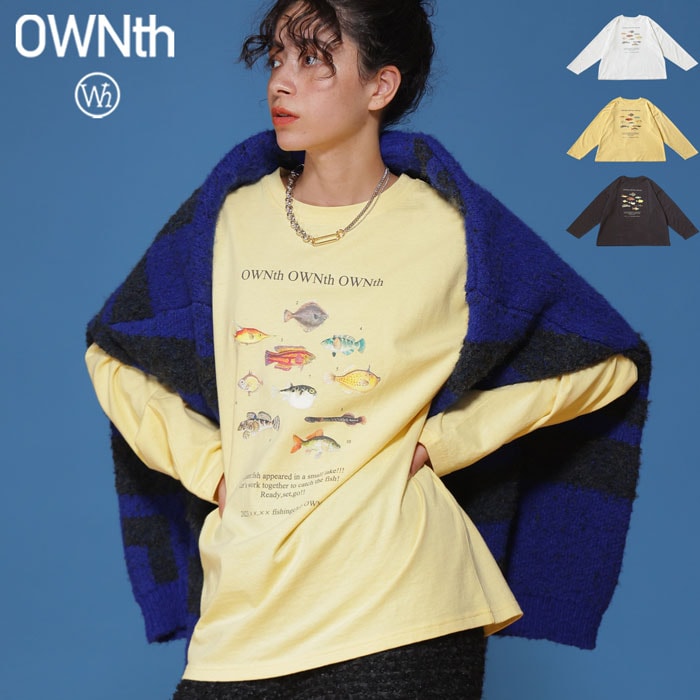 魚 プリント ロングTシャツ レディース クルーネック 送料無料・(80)メール便可