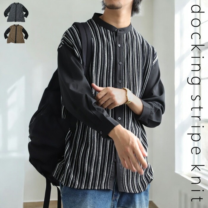SY32：メンズ：XLサイズ：ジップアップ　ストライプシャツ：黒 SY32：メンズ：XLサイズ：ジップアップ ストライプシャツ：黒