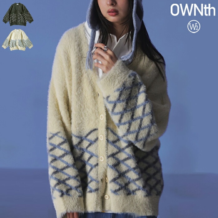 ダイヤチェックシャギーニットカーディガン ユニセックス 送料無料・メール便不可