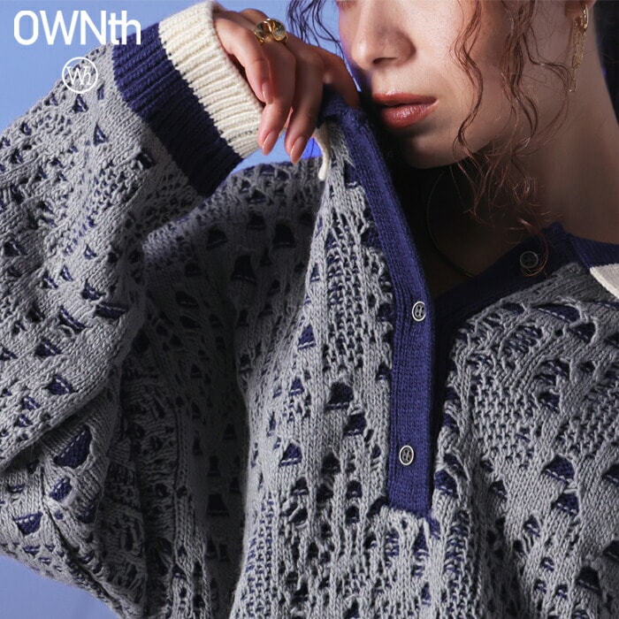 透かし編みレイヤードポロニット ユニセックス 長袖 送料無料・メール便不可