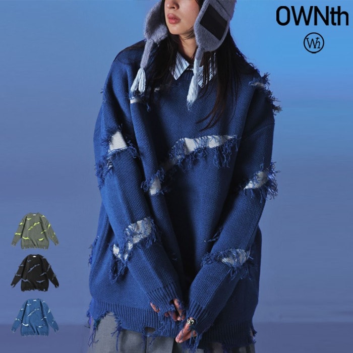 スラッシュダメージ 配色ニット ユニセックス 長袖 送料無料・メール便不可