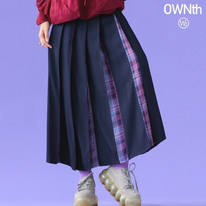 チェック柄切替 プリーツスカート レディース ロング 送料無料・メール便不可