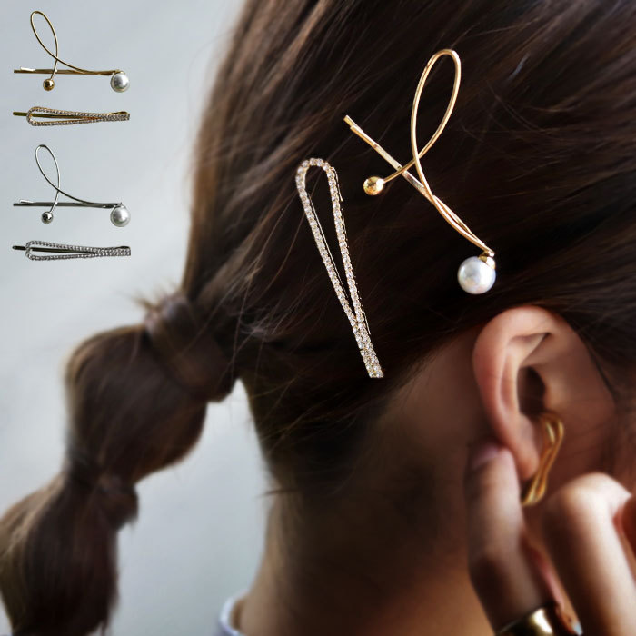 アクセ送料無料   ヘアピン アクセサリー 真鍮 パール キュービックジルコニア 前髪 ピン留め ヘアクリップ 2点セット シルバー ゴールド デザイン ゴージャス 大人 レディース おしゃれ ヘアアレンジ パーティー プレゼント・(10)メール便可