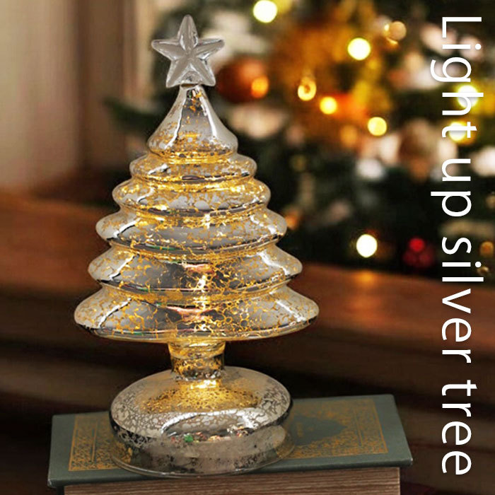ツリー クリスマスツリー  約21cm シルバー ライト付き クリスマス雑貨 飾り ガラスツリー インテリア 雑貨 卓上 卓上ツリー シルバー シルバーツリー 置物 オブジェ 北欧 小型ツリー 高級感 おしゃれ 新生活 お祝い 誕生日プレゼント・メール便不可