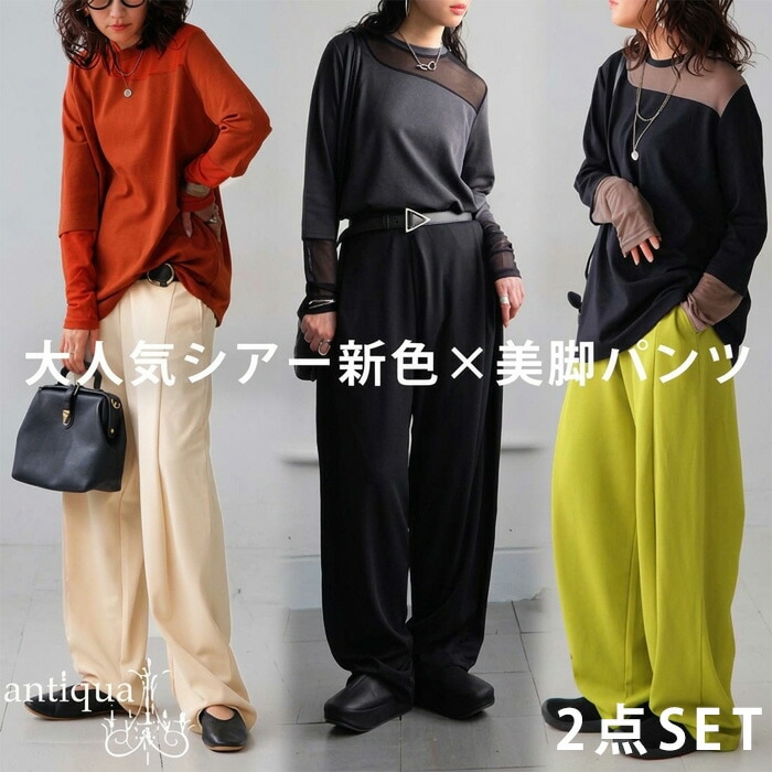 透け感トップス×美脚パンツ、旬顔2点セットアップ 送料無料・メール便不可