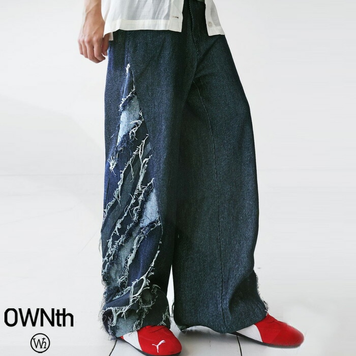 デニム切替 ワイドパンツ レディース デニム 無地 送料無料・メール便不可