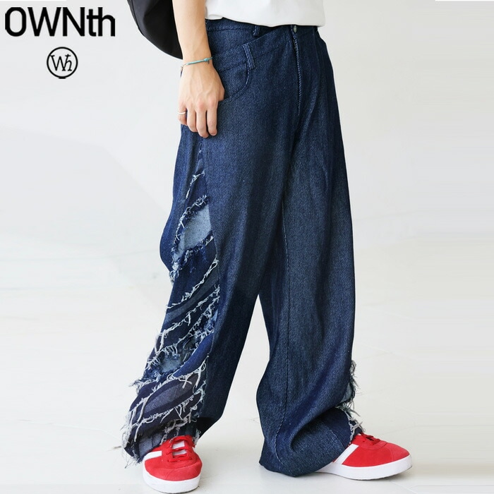 デニム切替 ワイドパンツ メンズ デニム 無地 送料無料・メール便不可