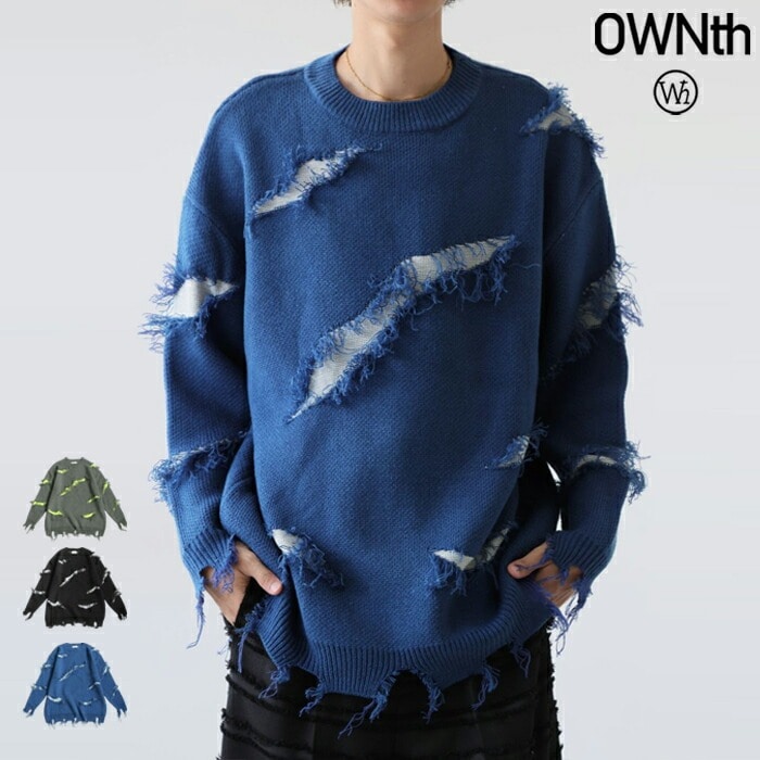 スラッシュダメージ 配色ニット ユニセックス 長袖 送料無料・メール便不可