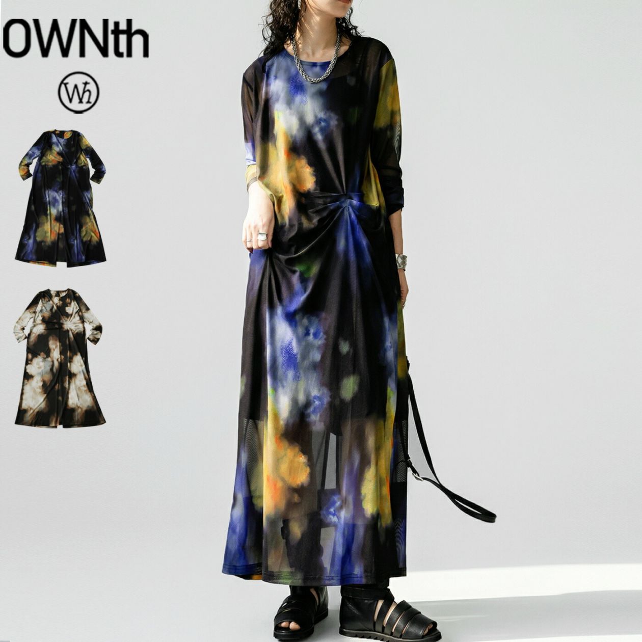 雰囲気まで、着る。アート柄 ワンピース レディース 長袖 シアー ロング 送料無料・(50)メール便可