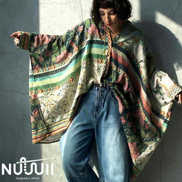 ドビー織り ブラウス レディース ワイド 長袖 総柄 送料無料・(100)メール便可