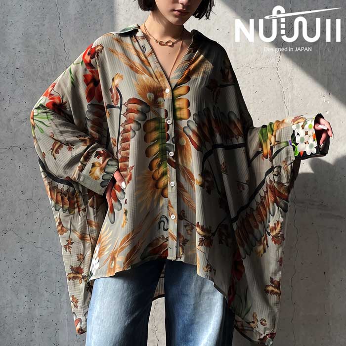 【予約：8月上旬納期】植物を、羽織る。シャツ レディース 長袖 ボタニカル 総柄 アート柄 ドルマンシャツ スキッパー 前開き 羽織り オーバーサイズ レーヨン100％ モード 大きいサイズ きれいめ 低身長 高身長 ナチュラル 着回し 送料無料 ・(50)メール便可
