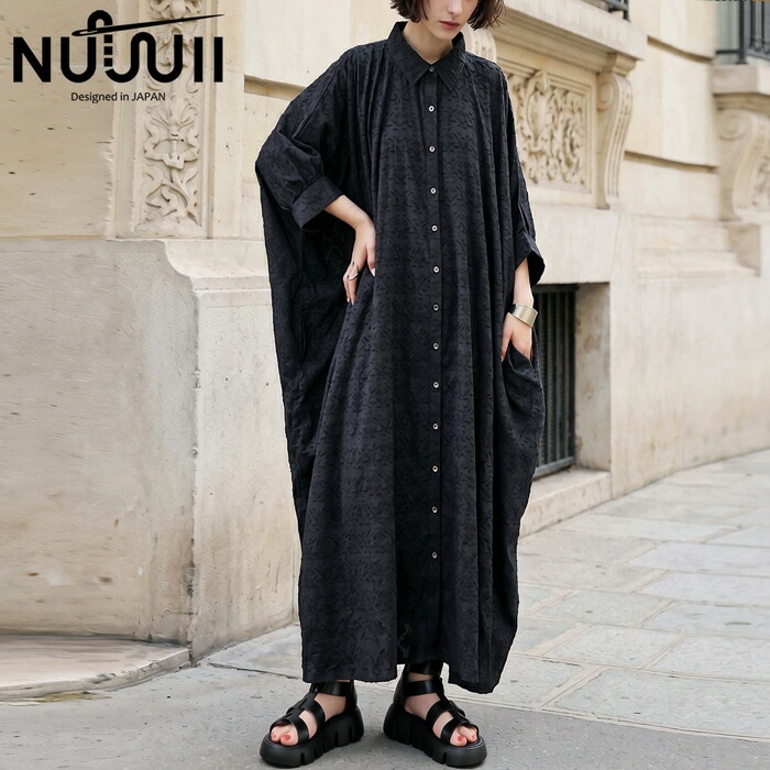 【予約：6月上旬納期】黒を、もっと印象的に。シャツワンピース レディース ジャガード 半袖 送料無料 ・(500)メール便可