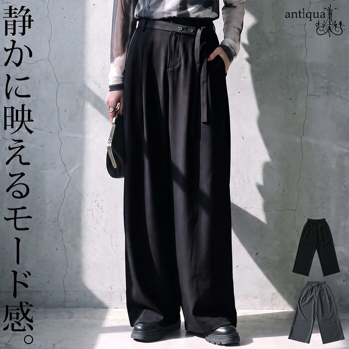 穿くだけで、脚が決まる。ワイドパンツ レディース タック ロング丈 無地 ベルト付き ウエストゴム ワイドシルエット ストレッチ きれいめ モード ボトムス 低身長 高身長 シンプル 着回し 高見え antiqua 送料無料 ・(500)メール便可