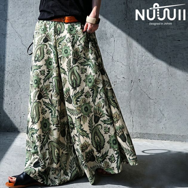 揺れるほど、品になる。パンツ レディース ペイズリー ボタニカル 総柄 ワイド ロング丈 フレアシルエット ウエストゴム 裏地付き きれいめ 低身長 高身長 大人カジュアル モード 着回し 高見え antiqua 送料無料 ・(100)メール便可